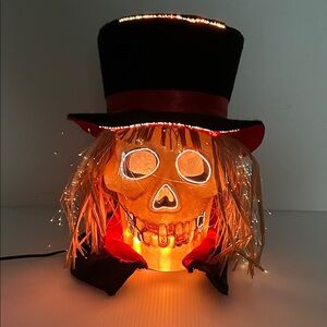 Halloween Fiber Optic Light Up Indoor Scarecrow Skeleton Head Top Hat Straw Hair